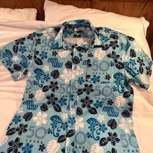 Custom Hawaiian Shirt Roody Blue 50 Years Graphic Mens Size Medium Resort Wear